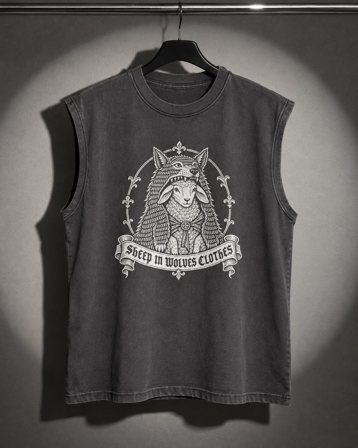 Crest Muscle Tee hanging on a rail under a studio spotlight