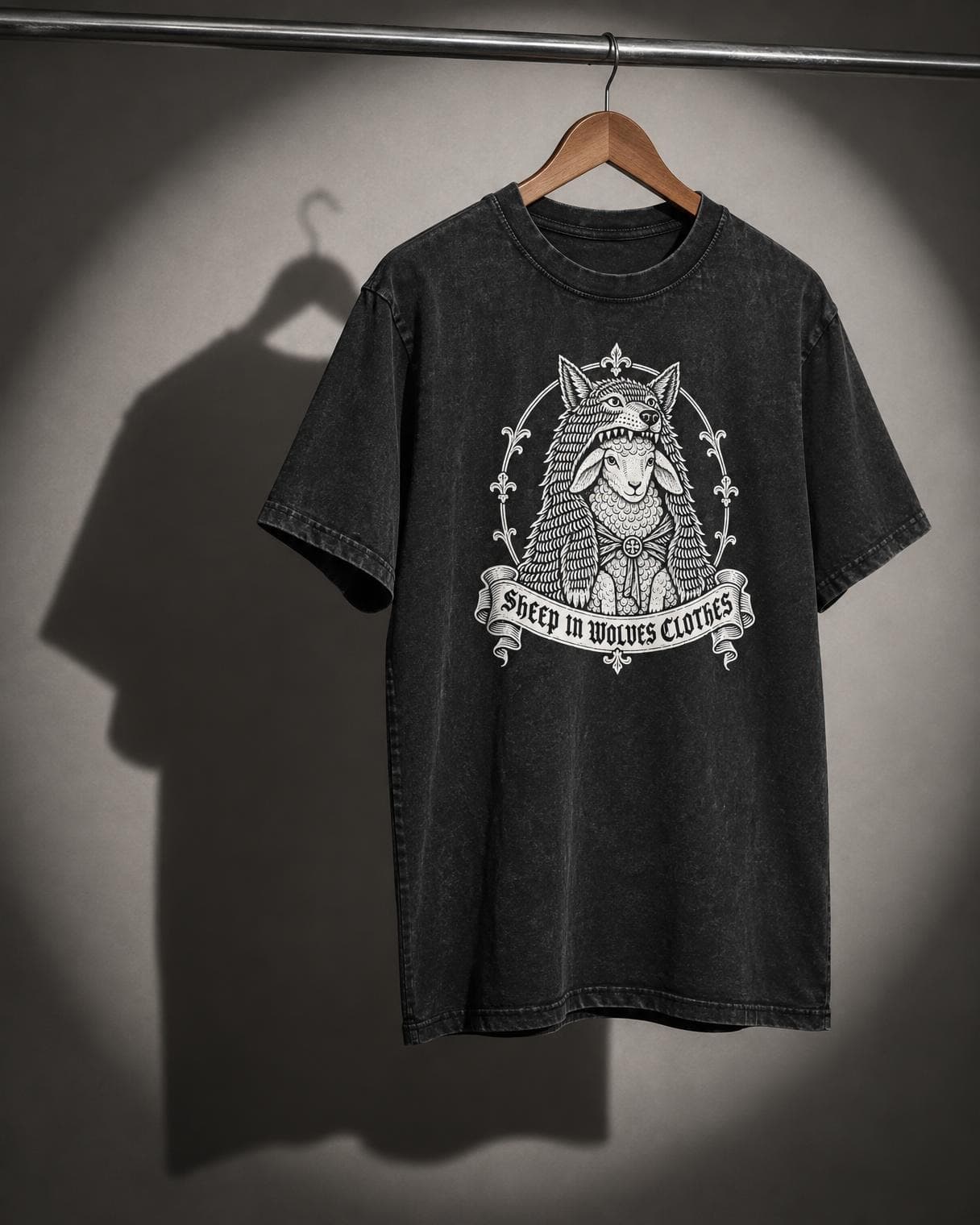 Crest Tee hanging on a rail under a studio spotlight