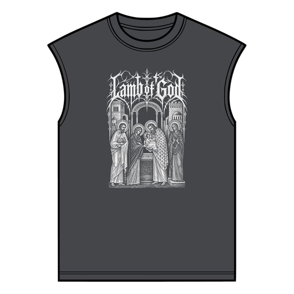 Lamb of God Temple Muscle Tee in shadow grey, front