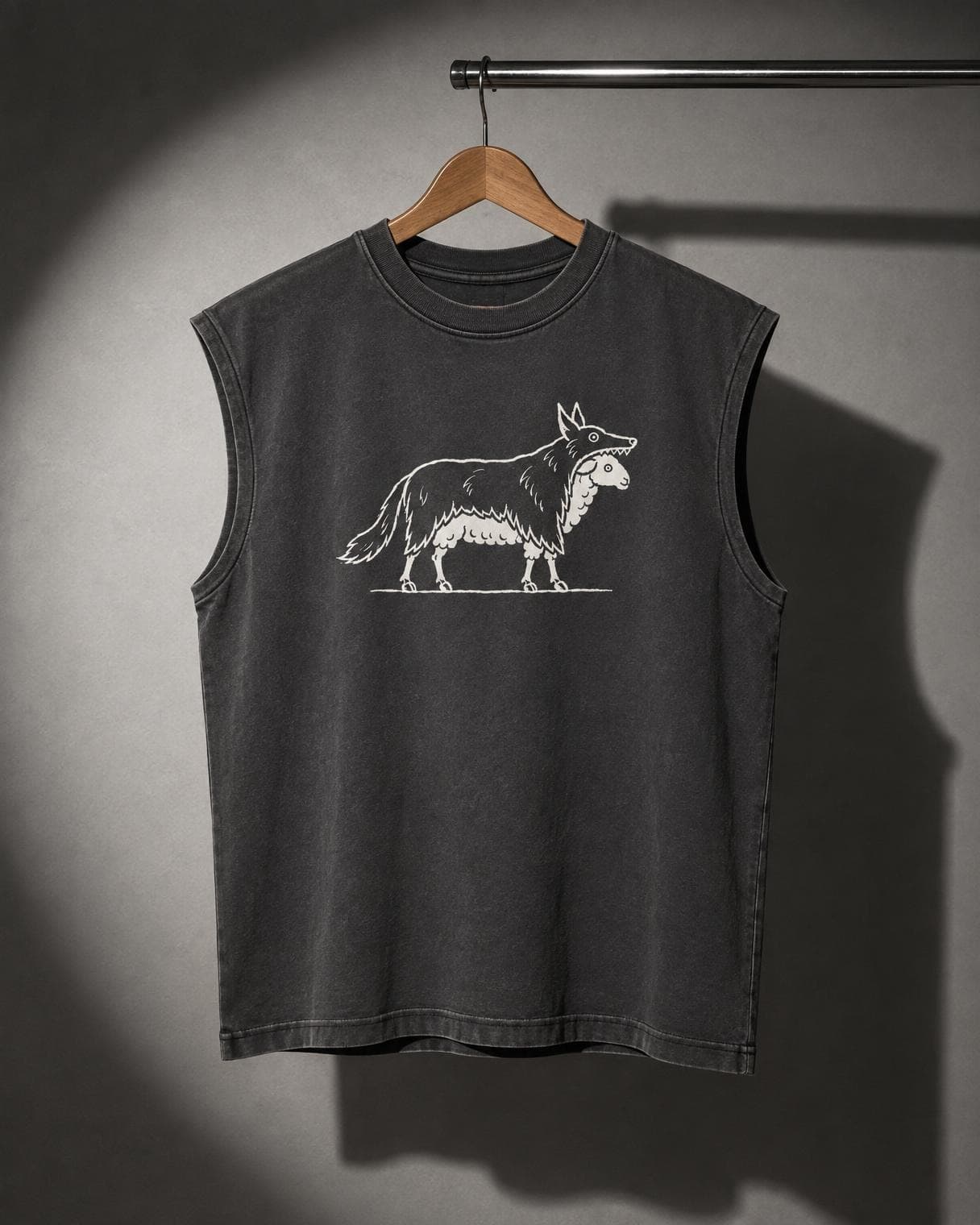 Among Wolves Muscle Tee hanging on a rail under a studio spotlight